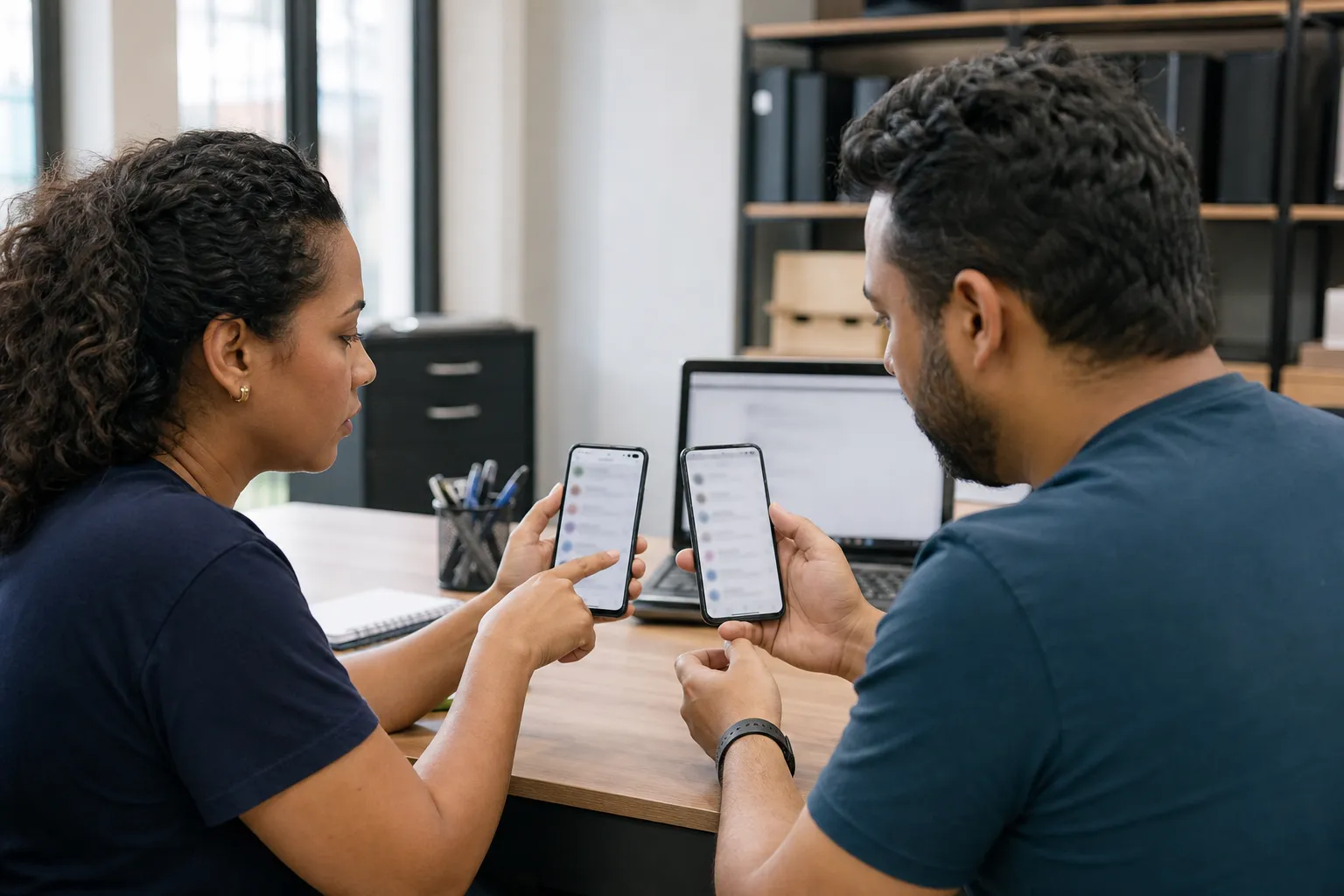 Dois colegas comparando dois celulares com conversas abertas sobre a mesa do escritório