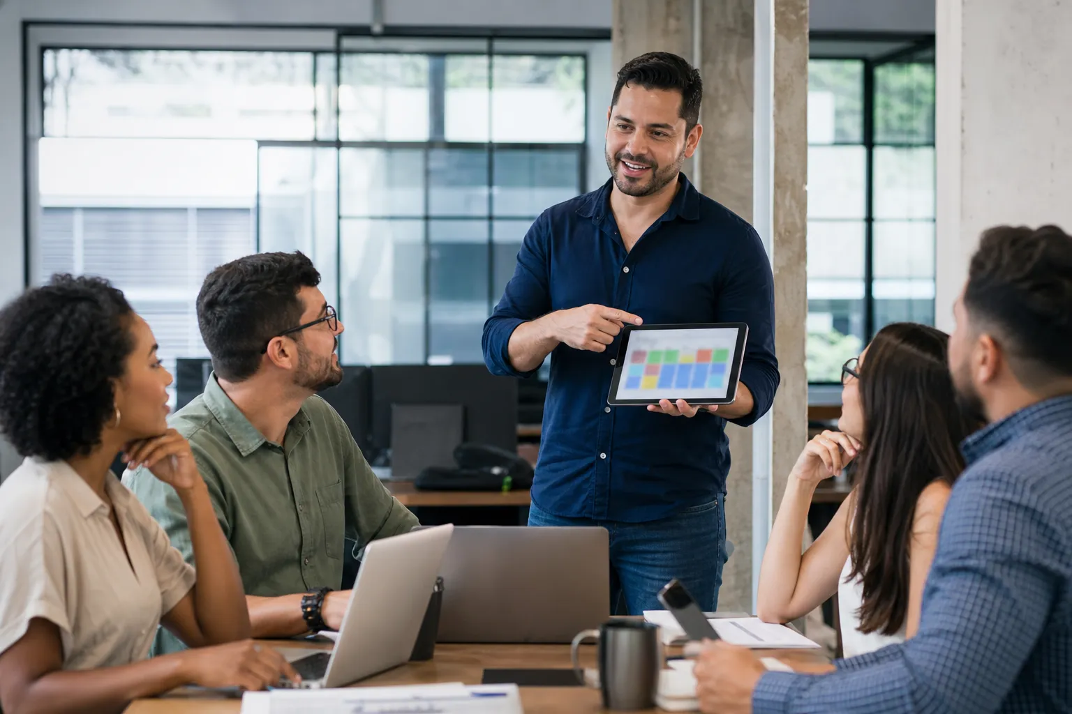 Gerente comercial mostrando o funil de vendas no tablet para a equipe
