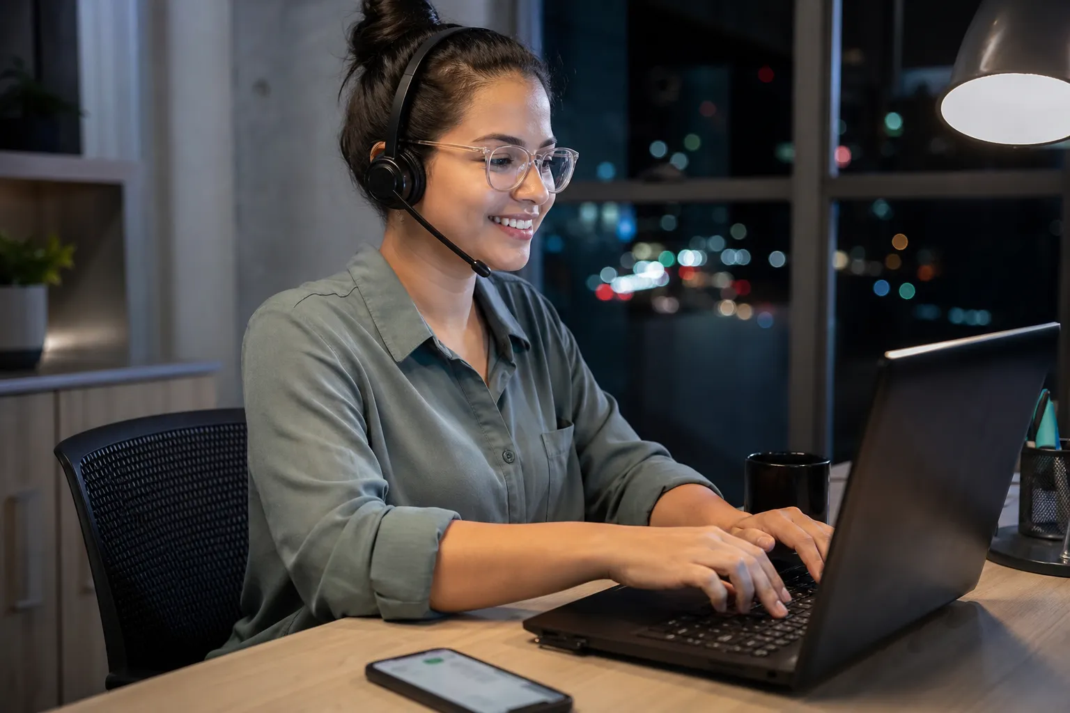 Atendente com headset respondendo clientes no notebook à noite